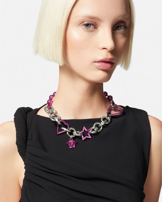acessórios P2TX828 Versace colar de corrente funky prata e fúcsia mulheres