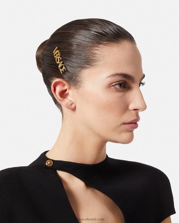 acessórios P2TX848 Versace grampo de cabelo direito com logotipo ouro mulheres