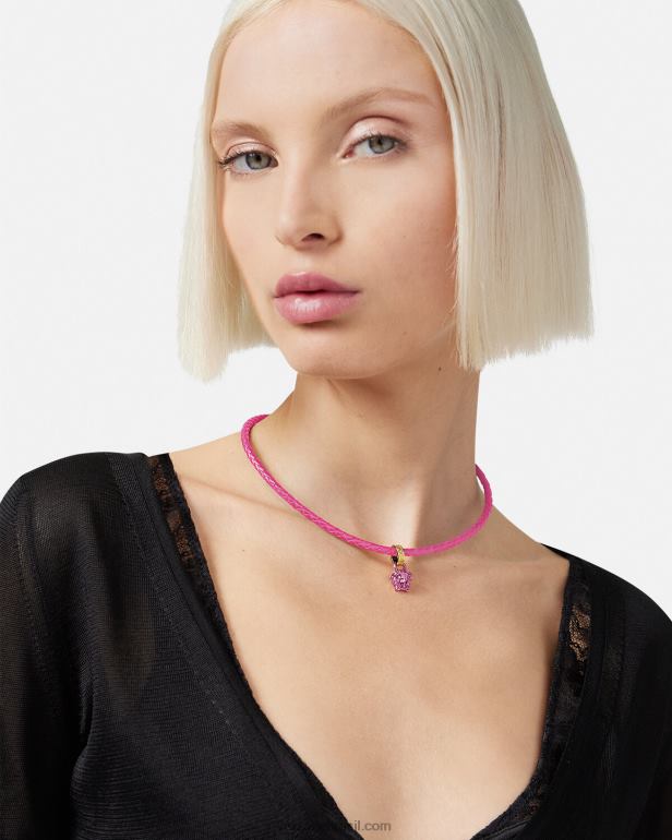 acessórios P2TX852 Versace colar de couro medusa de cristal rosa mulheres
