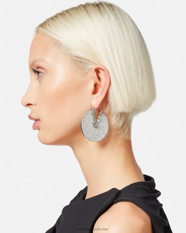 acessórios P2TX856 Versace brincos de argola virtus de cristal prata mulheres