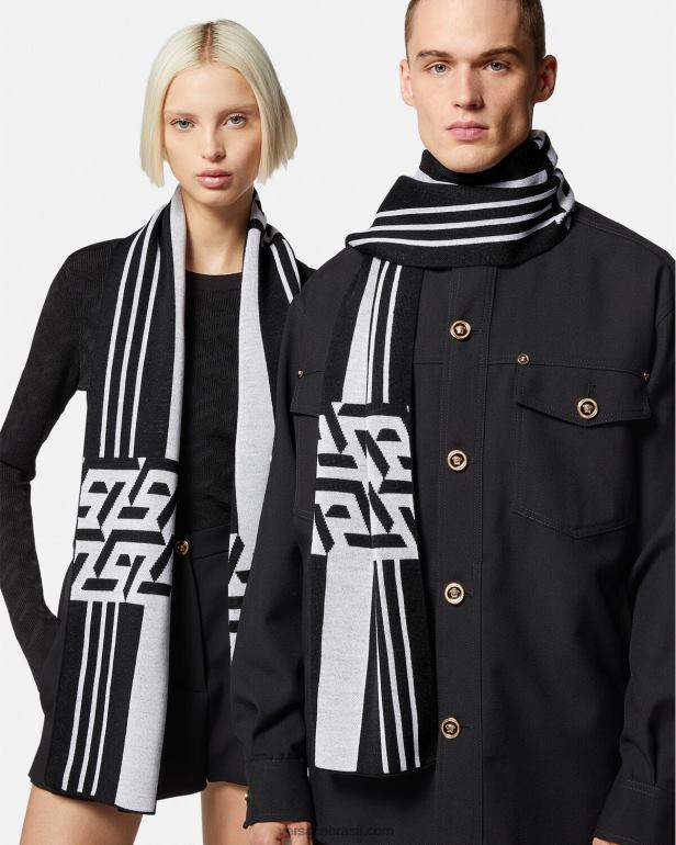 acessórios P2TX933 Versace lenço de tricô listrado la greca Preto branco mulheres