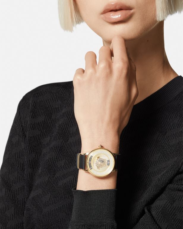 acessórios P2TX963 Versace relógio de diamante ícone medusa ouro Preto mulheres