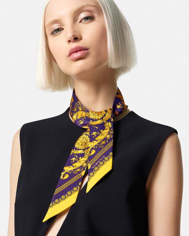 acessórios P2TX916 Versace gravata de lenço de seda barroco violeta e ouro mulheres