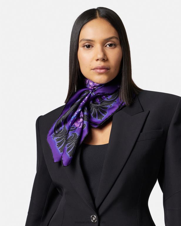 acessórios P2TX919 Versace foulard de seda grande orquídea barocco violeta e estampa mulheres