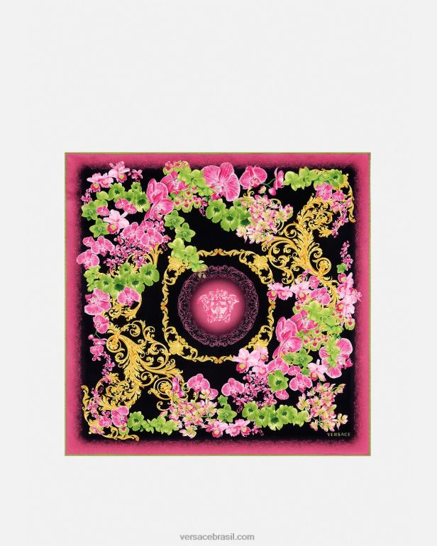 acessórios P2TX929 Versace lenço de seda grande orquídea medusa preto e estampado mulheres