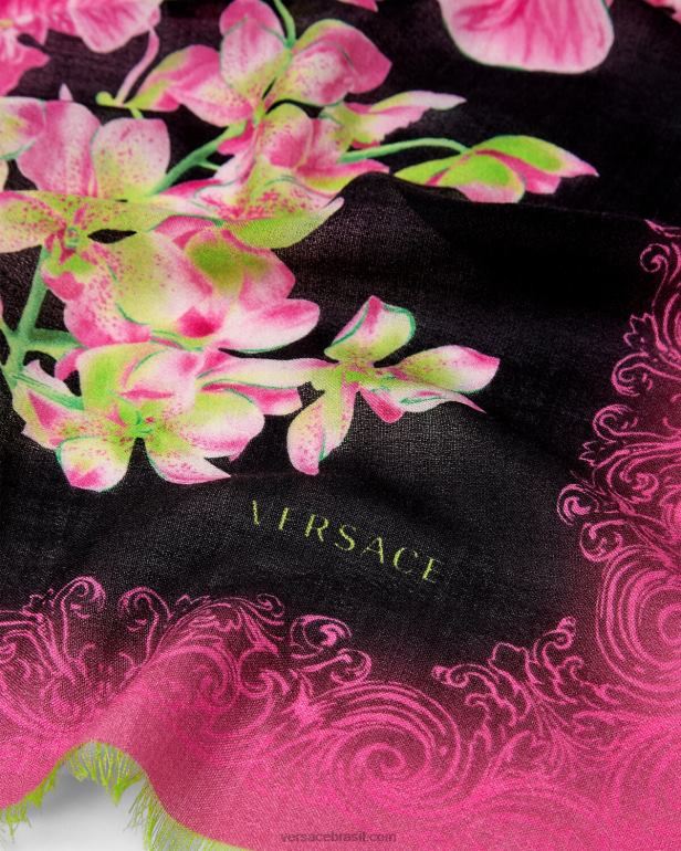 acessórios P2TX931 Versace xale de seda orquídea medusa preto e estampado mulheres
