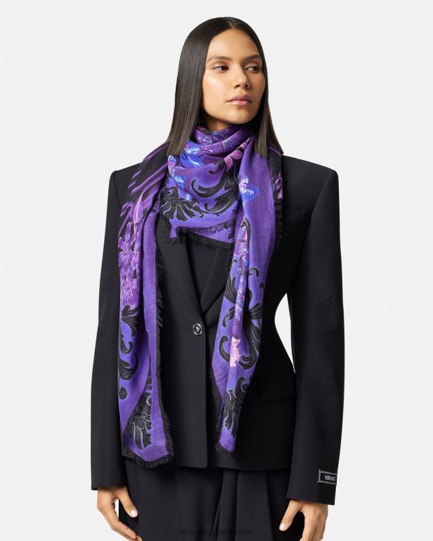 acessórios P2TX924 Versace xale de mistura de lã barroco orquídea violeta e estampa mulheres