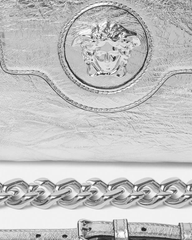 bolsas P2TX305 Versace bolsa pequena la medusa metálica cinza mulheres