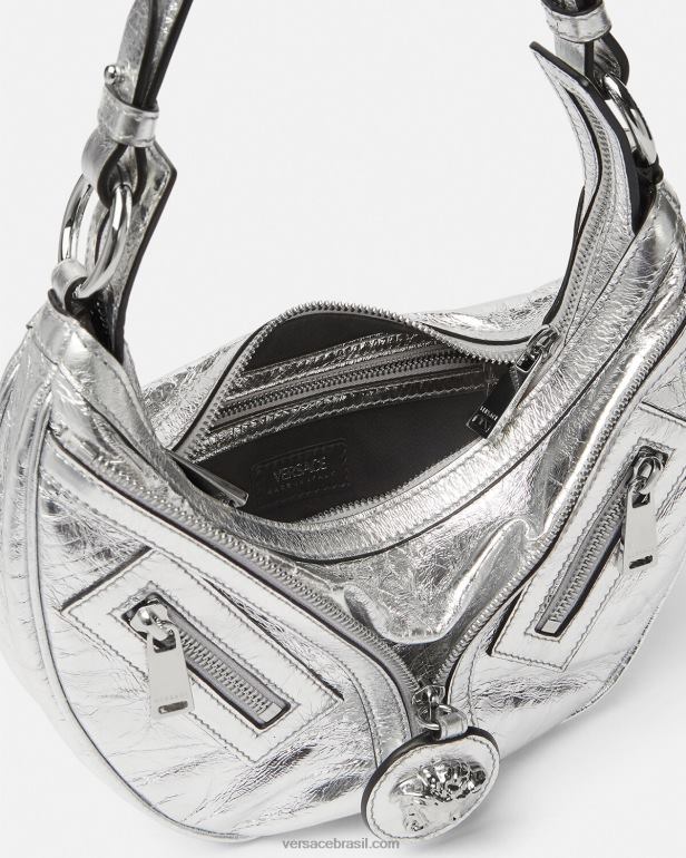 bolsas P2TX280 Versace repetir bolsa hobo pequena metálica cinza mulheres