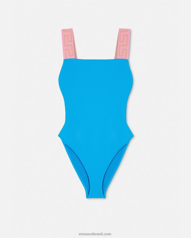 roupas íntimas e moda praia P2TX1136 Versace maiô greca border azul mulheres