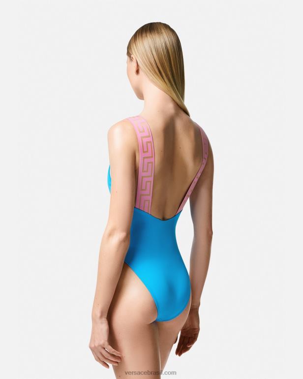 roupas íntimas e moda praia P2TX1136 Versace maiô greca border azul mulheres
