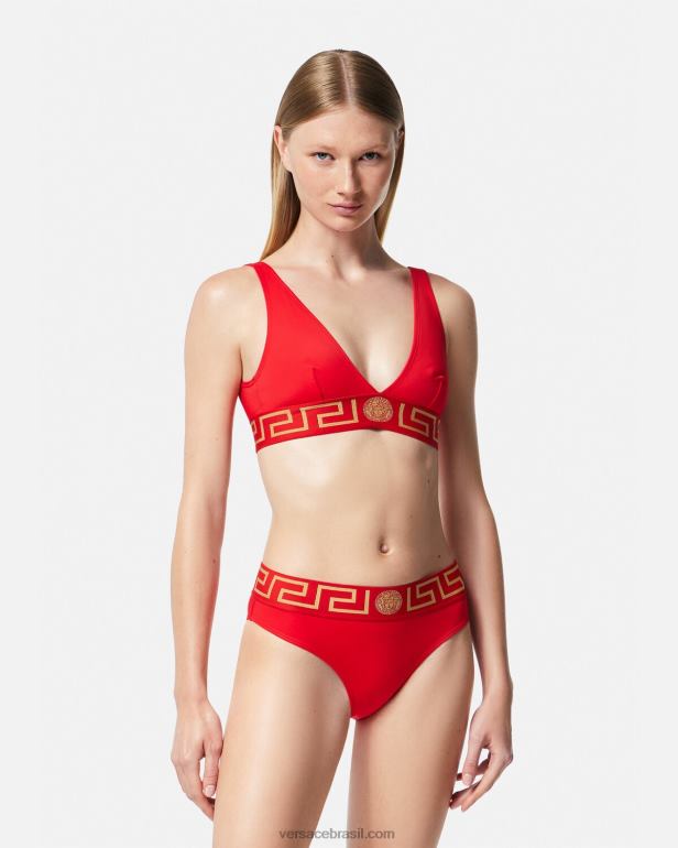 roupas íntimas e moda praia P2TX1151 Versace top de biquíni com borda Greca vermelho mulheres