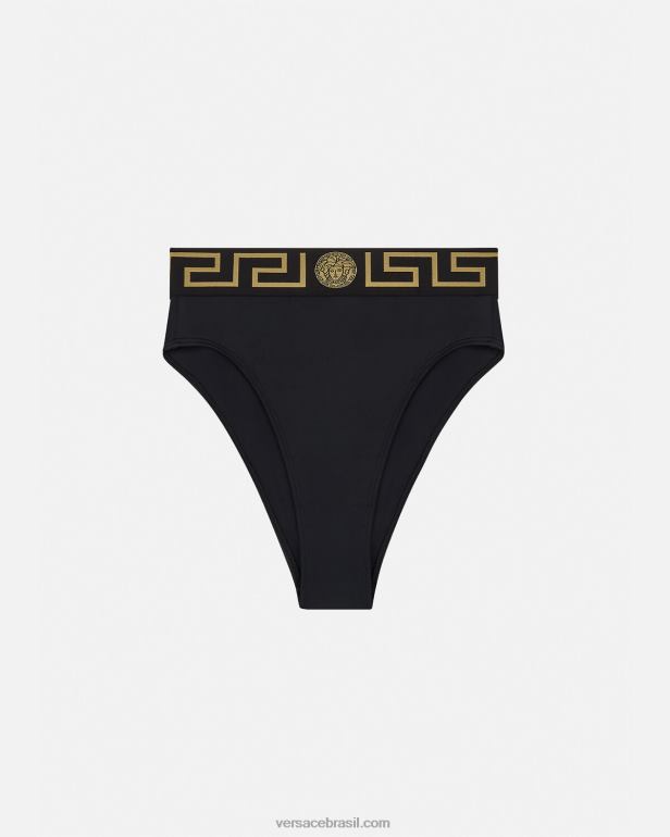 roupas íntimas e moda praia P2TX1153 Versace cueca de biquíni cintura alta com borda Greca preto mulheres