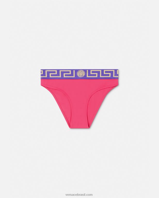roupas íntimas e moda praia P2TX1177 Versace cueca de biquíni com borda Greca rosa e lilás mulheres