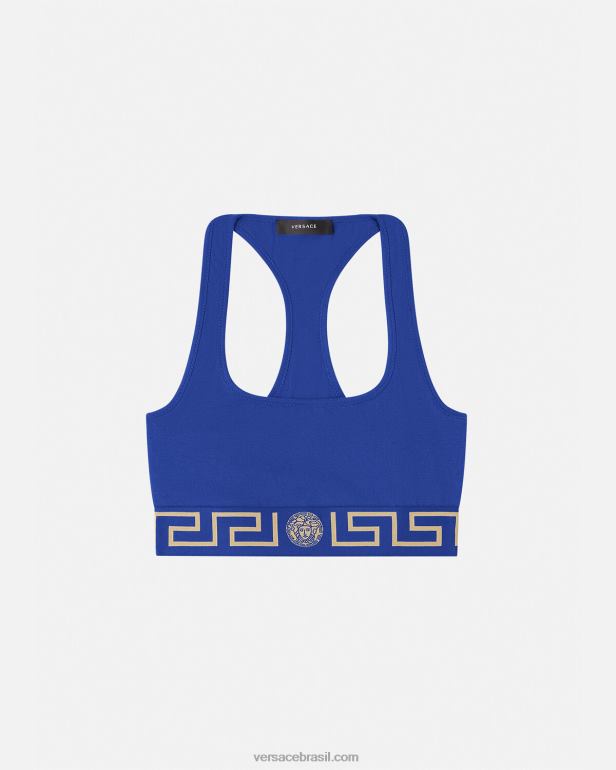 roupas íntimas e moda praia P2TX1040 Versace sutiã esportivo com borda greca azul mulheres
