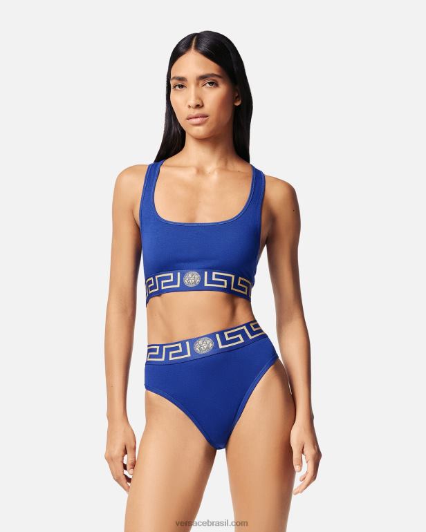 roupas íntimas e moda praia P2TX1040 Versace sutiã esportivo com borda greca azul mulheres