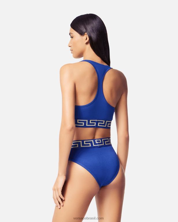 roupas íntimas e moda praia P2TX1040 Versace sutiã esportivo com borda greca azul mulheres