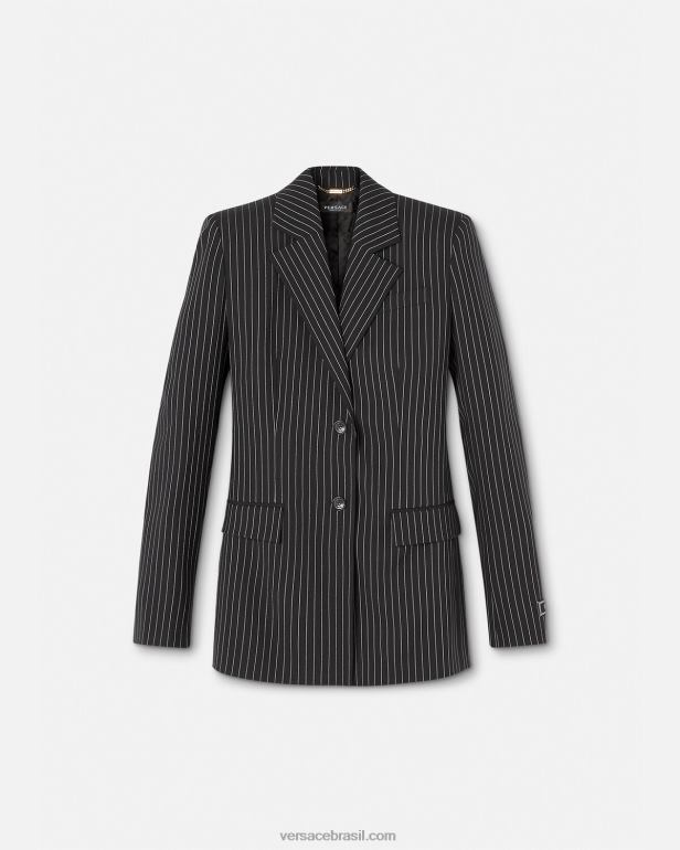 roupas P2TX113 Versace blazer listrado com abotoamento único preto mulheres