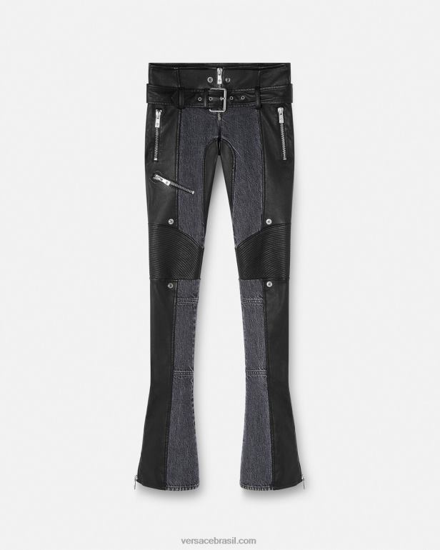 roupas P2TX224 Versace calça jeans de couro preto mulheres