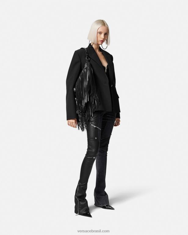 roupas P2TX224 Versace calça jeans de couro preto mulheres