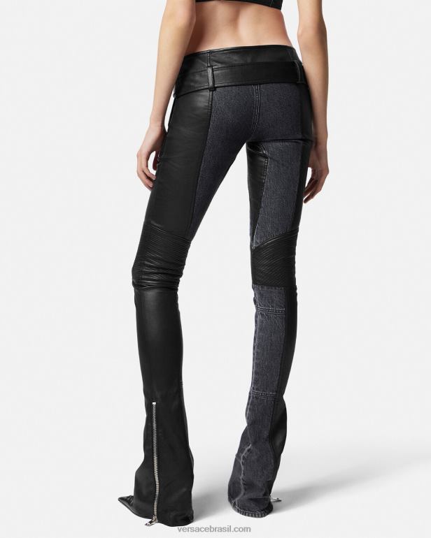 roupas P2TX224 Versace calça jeans de couro preto mulheres
