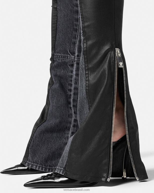 roupas P2TX224 Versace calça jeans de couro preto mulheres