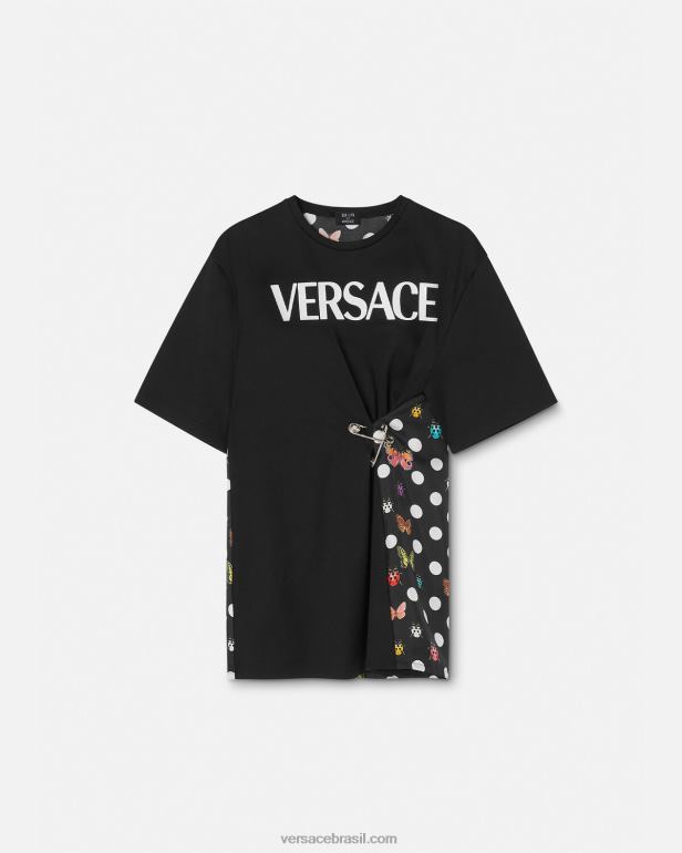 roupas P2TX131 Versace camiseta com logotipo de alfinete de segurança de borboletas preto e laranja e vermelho mulheres