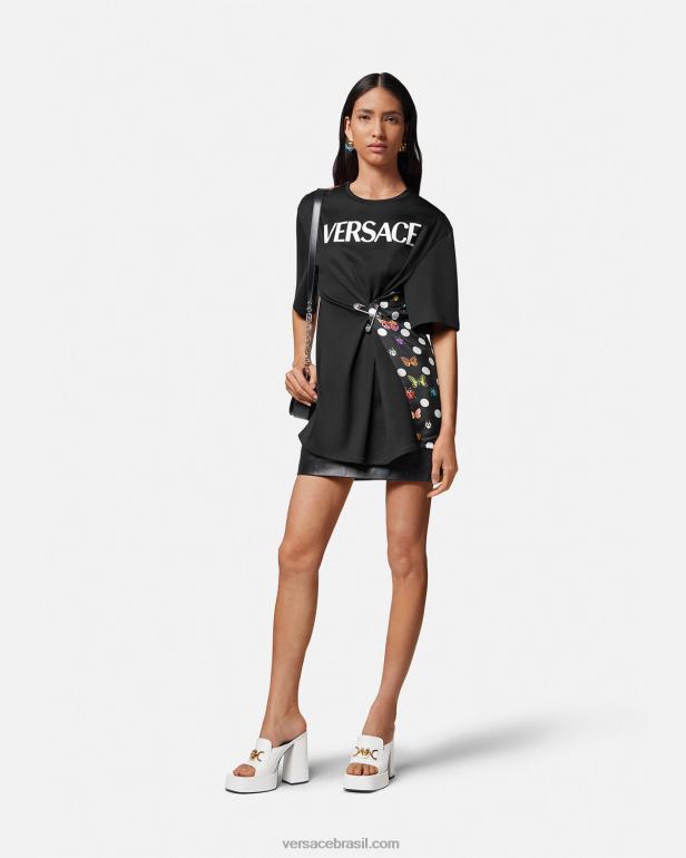 roupas P2TX131 Versace camiseta com logotipo de alfinete de segurança de borboletas preto e laranja e vermelho mulheres