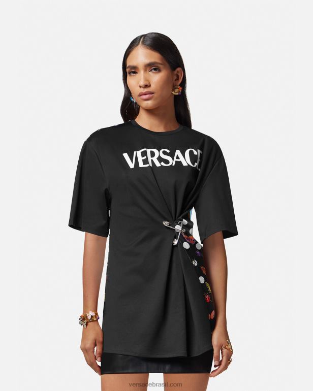 roupas P2TX131 Versace camiseta com logotipo de alfinete de segurança de borboletas preto e laranja e vermelho mulheres