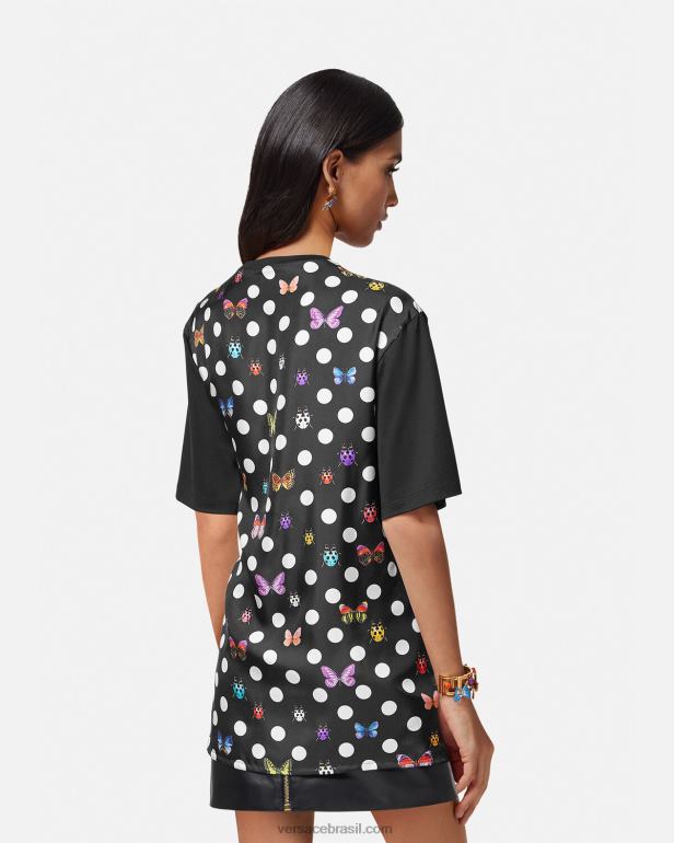 roupas P2TX131 Versace camiseta com logotipo de alfinete de segurança de borboletas preto e laranja e vermelho mulheres