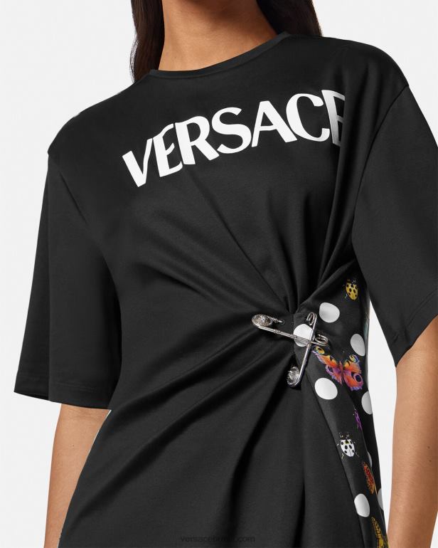 roupas P2TX131 Versace camiseta com logotipo de alfinete de segurança de borboletas preto e laranja e vermelho mulheres