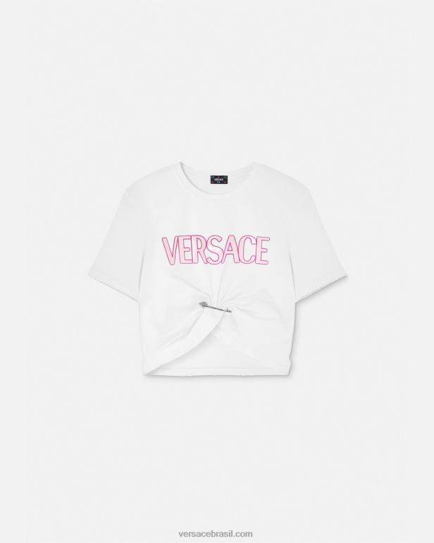 roupas P2TX138 Versace camiseta com logotipo de alfinete de segurança branco mulheres