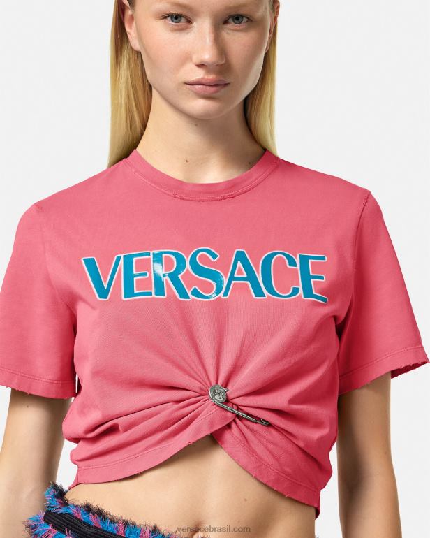 roupas P2TX139 Versace camiseta com logotipo de alfinete de segurança rosa mulheres