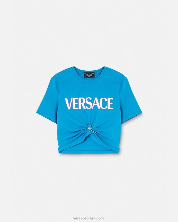 roupas P2TX140 Versace camiseta com logotipo de alfinete de segurança azul mulheres