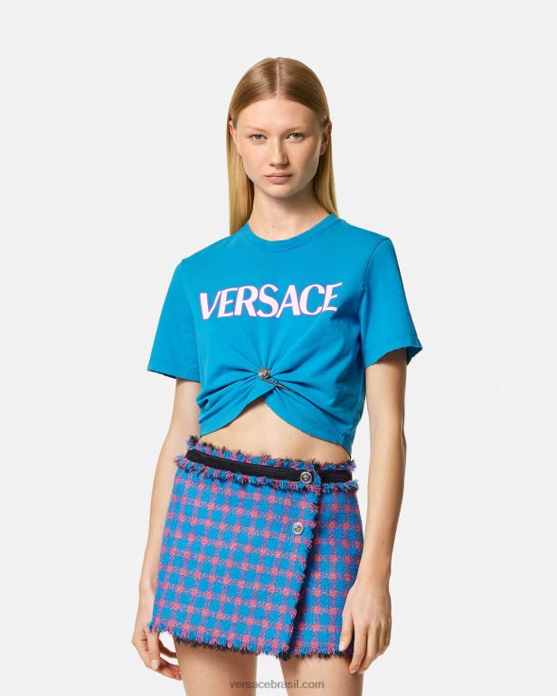 roupas P2TX140 Versace camiseta com logotipo de alfinete de segurança azul mulheres