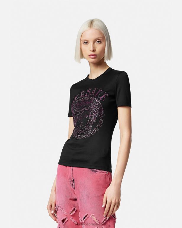 roupas P2TX153 Versace camiseta com logotipo da medusa de cristal preto e rosa mulheres