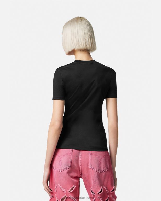 roupas P2TX153 Versace camiseta com logotipo da medusa de cristal preto e rosa mulheres