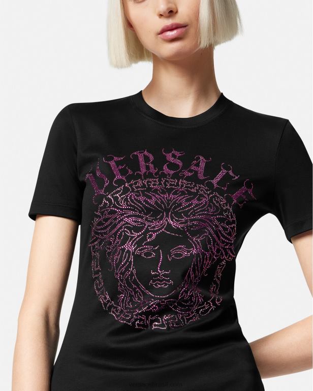 roupas P2TX153 Versace camiseta com logotipo da medusa de cristal preto e rosa mulheres