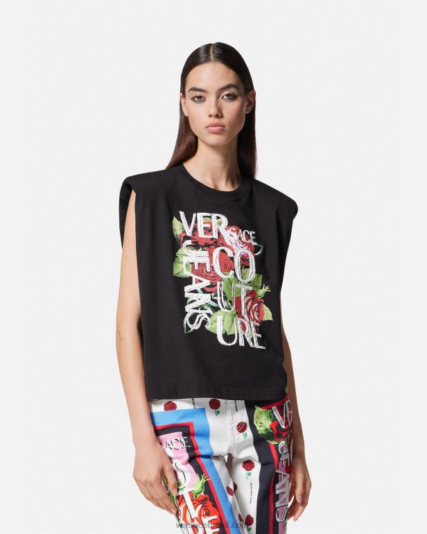roupas P2TX2174 Versace camiseta com logo de rosas preto mulheres