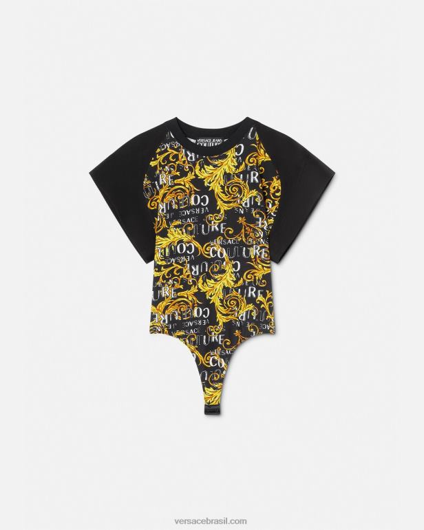 roupas P2TX2208 Versace camiseta body de alta costura com logo ouro Preto mulheres
