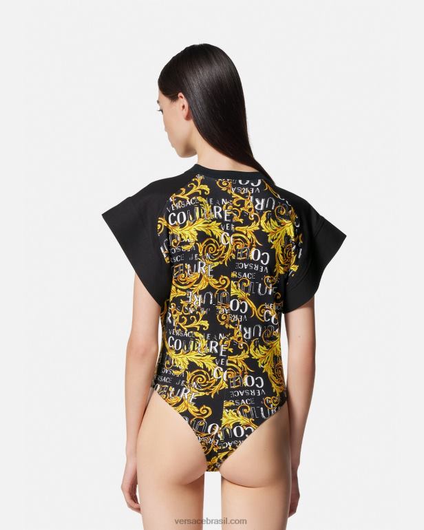 roupas P2TX2208 Versace camiseta body de alta costura com logo ouro Preto mulheres