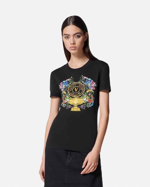 roupas P2TX2231 Versace camiseta de jardim com emblema v ouro Preto mulheres