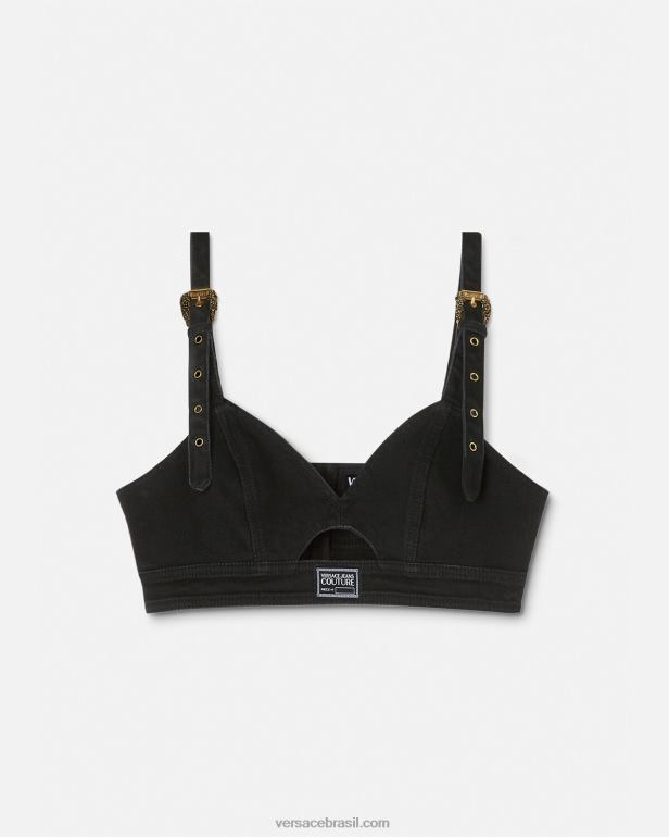 roupas P2TX2145 Versace top curto jeans com fivela barroca preto mulheres