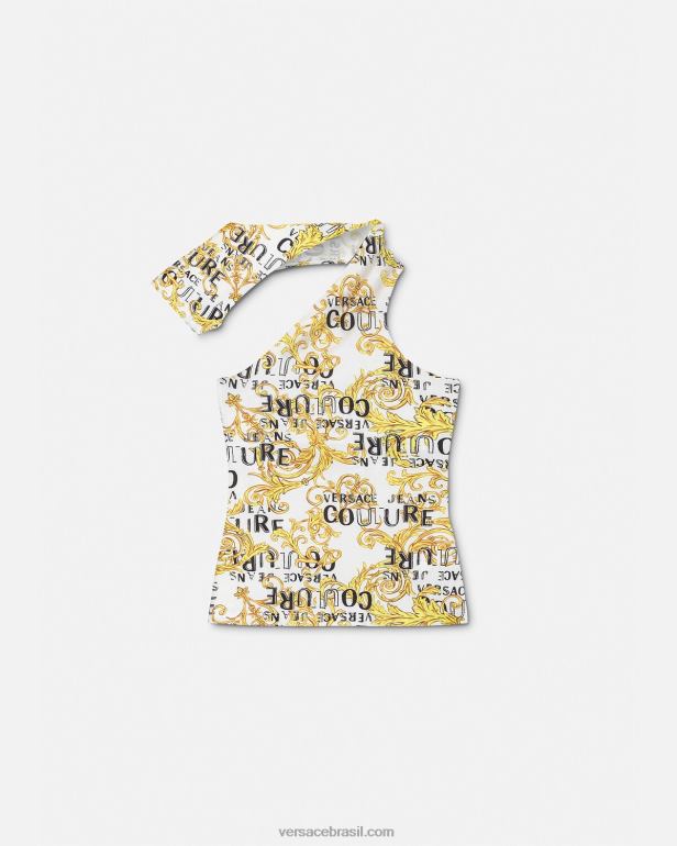 roupas P2TX2205 Versace top de um ombro só de alta costura com logo ouro e branco mulheres