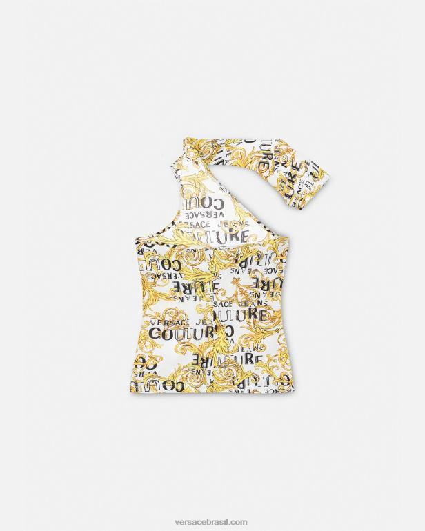 roupas P2TX2205 Versace top de um ombro só de alta costura com logo ouro e branco mulheres