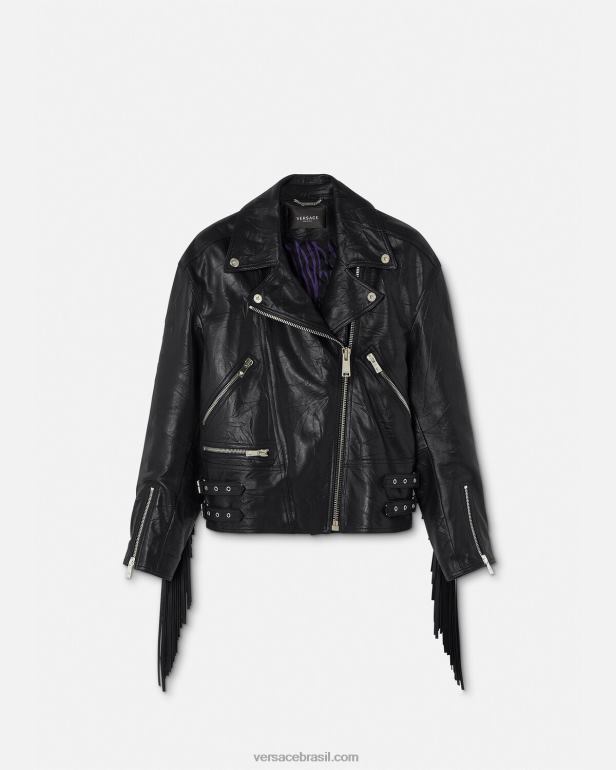 roupas P2TX101 Versace jaqueta de couro com franjas preto mulheres