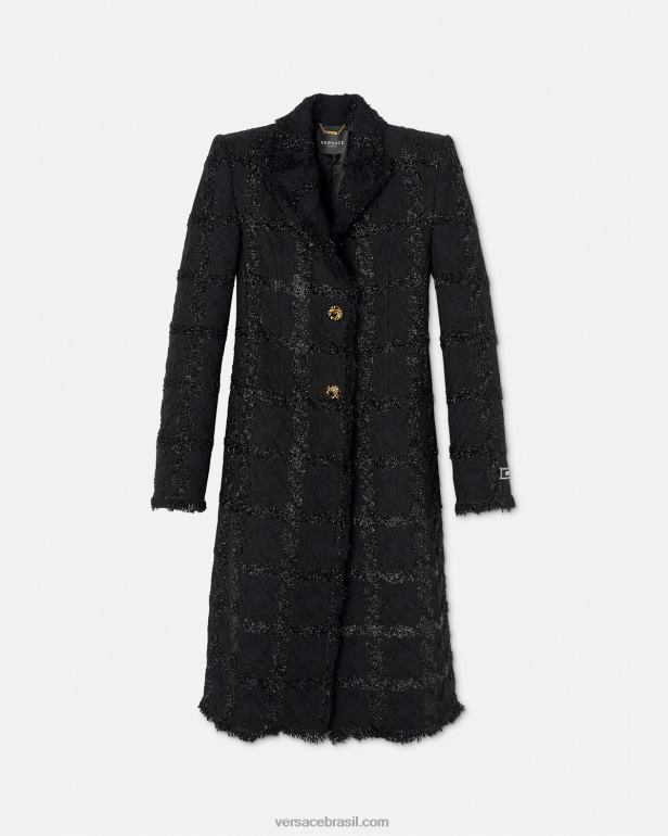 roupas P2TX102 Versace casaco longo de tweed com pontas preto mulheres