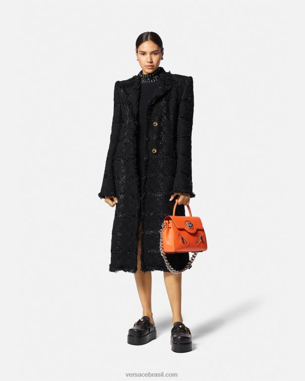 roupas P2TX102 Versace casaco longo de tweed com pontas preto mulheres