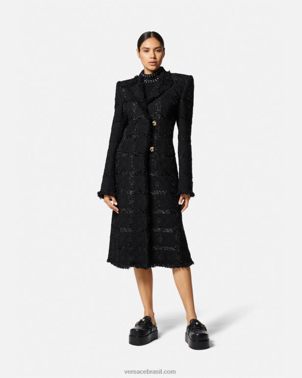 roupas P2TX102 Versace casaco longo de tweed com pontas preto mulheres