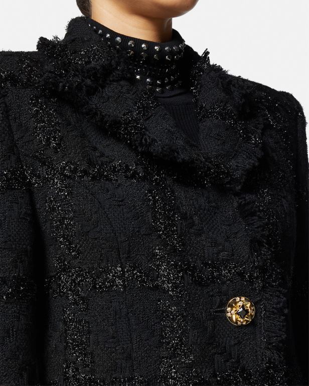 roupas P2TX102 Versace casaco longo de tweed com pontas preto mulheres